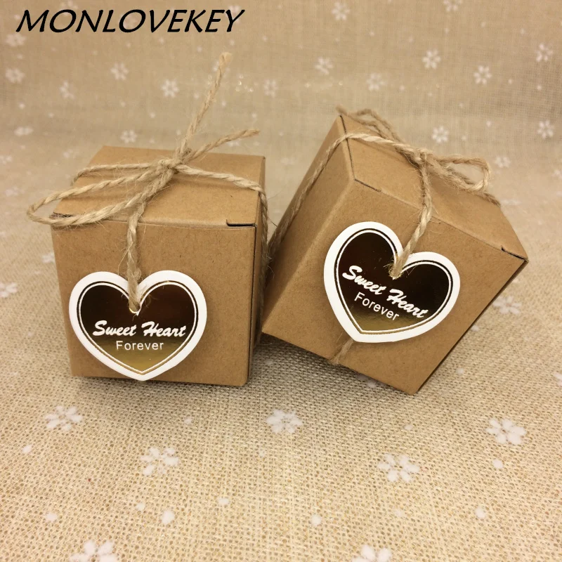 

Free shipping 100pcs/lot Kraft Paper burlap Wedding Candy Box Brown Square Favor Candy Boxes Supplies vintage wedding decoration