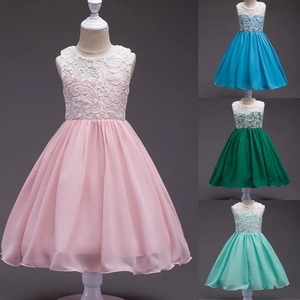 

Summer Kids Girls Lace Chiffon Wedding Princess Dress Pink Green Blue Sleeveless Pageant Party Ball Gown Dresses Girls Clothes