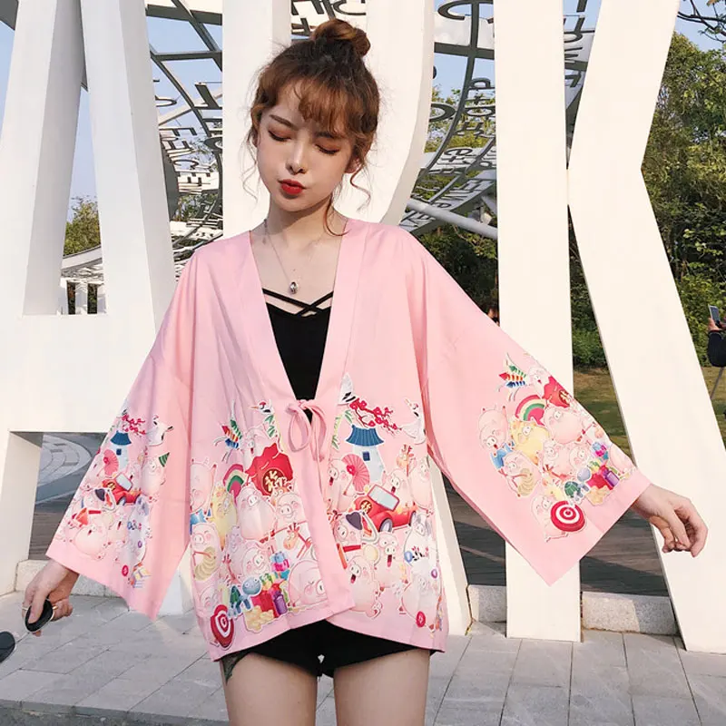 

Women's Clothing Spring Summer japan style Sweet Cartoon pig print kawaii loose ulzzang lace up kimono cardigan Coats Jackets