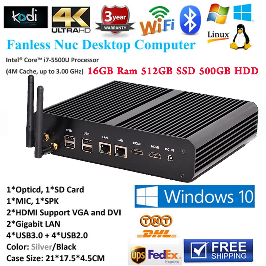 Fanless Slim PC Computador Intel Core i7 5500U i5 5250U Iris6100 Mini PC Windows 16GB RAM 512GB SSD 500GB HDD 4K Mini-ITX HTPC