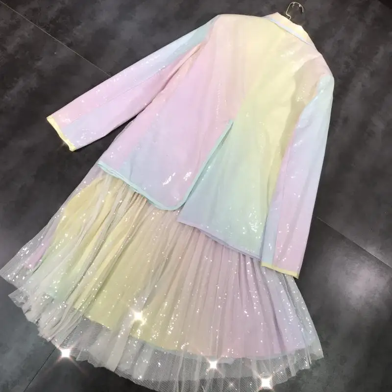 Celebrities New Spring Summer Rainbow Dizzy Shiny Heavy Sequins Suit Jacket Coat Women Fashion Blazer with Rainbow Skirts