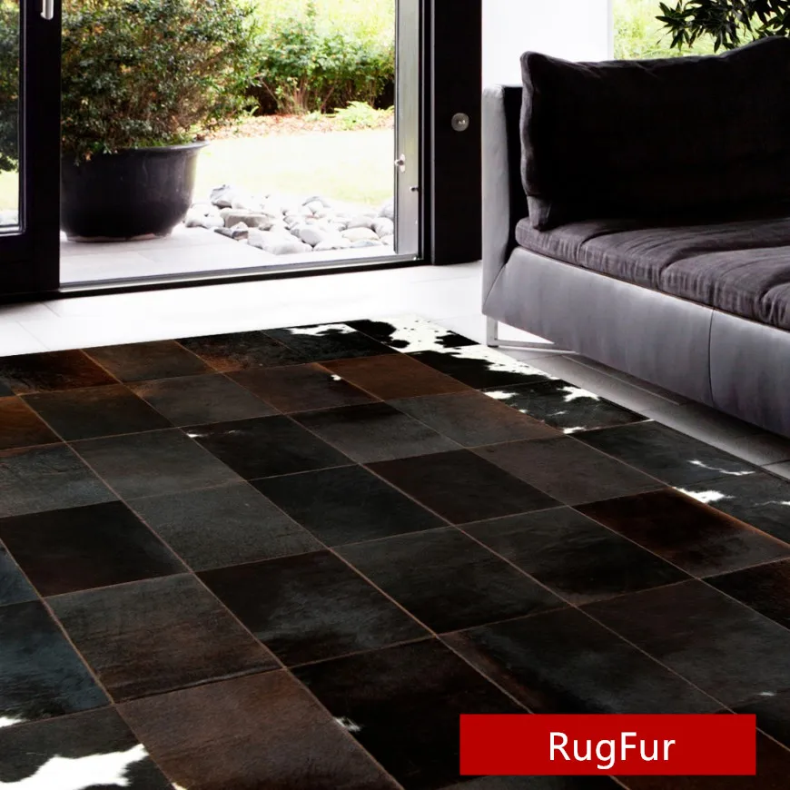 

Modern Brown Patchwork Cowhide Rug With Black And White Parts RF-B01