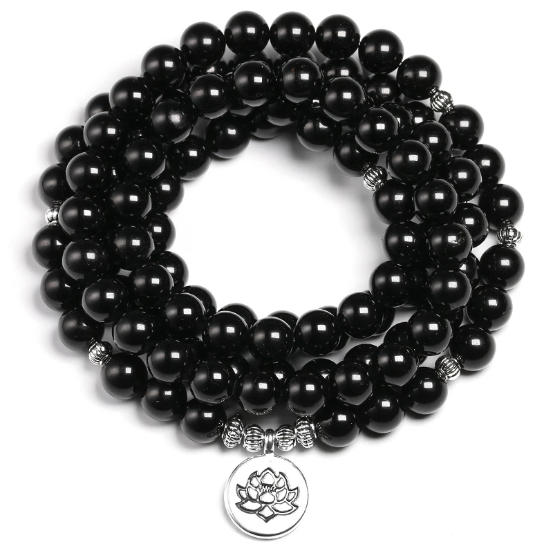 

Natural Round Stone Bright Beads Genuine Black Tourmaline Stone Beads Bracelet Men Jewelry Necklace Women Lotus Charm