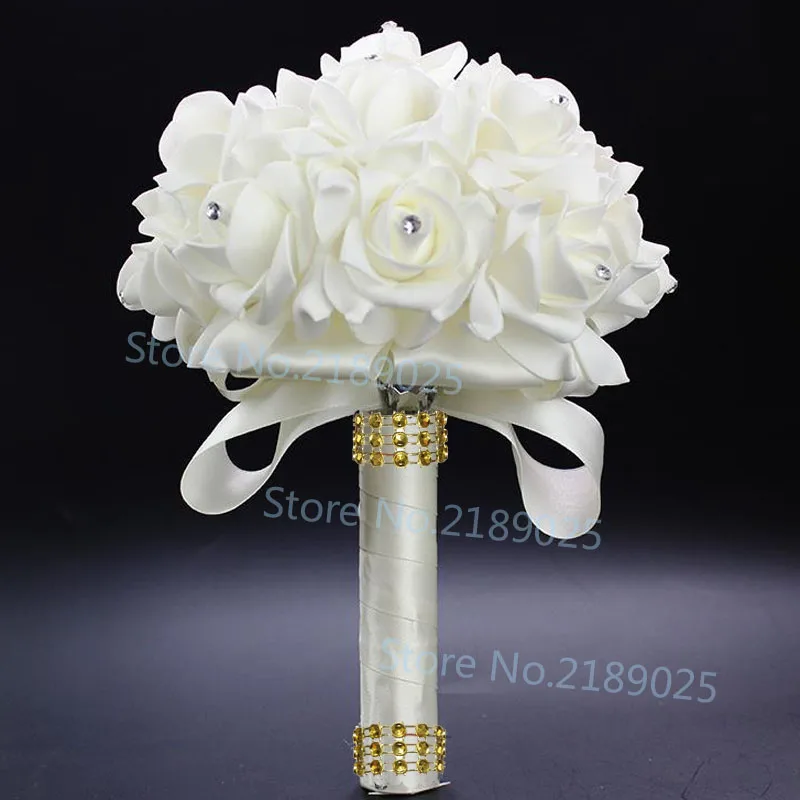 Лучшие дешевые свадебные украшения для подружки невесты белые поролоновые розы свадебный букет Свадебный букет Золотая лента