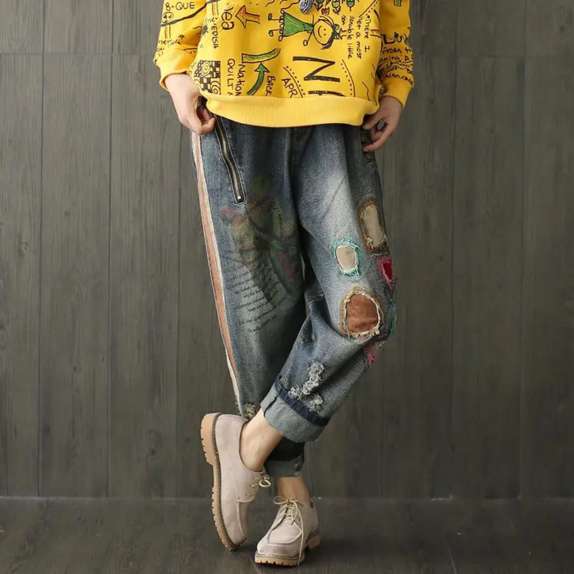 

Plus size 2017 new brand fashion women's national wind made the old wear broken cloth loose big size zipper long jeans wj730