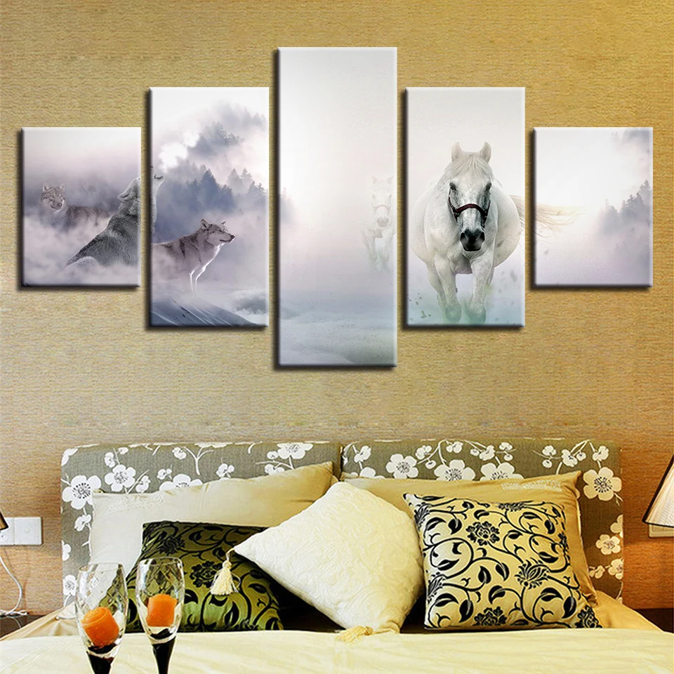 Animal Canvas Pictures Wall Art 5 Pieces White Horse And Wolf Landscape Poster HD Printed Decor Bedroom Painting Modular Artwork