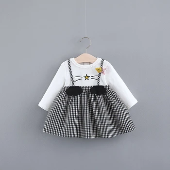 

2019 Spring Baby Girls Cotton Long Sleeve Plaid Cartoon Cat Star Princess Party Kids Infant Dress vestido infantil