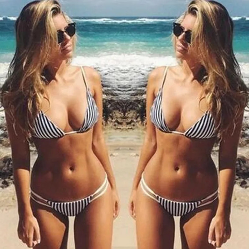 

Padded Cut Out Swimsuit Brazilian Summer Beach Suit 2017 Women Bandeau Bikini Print Swimsuit Striped Swimwear Biquini