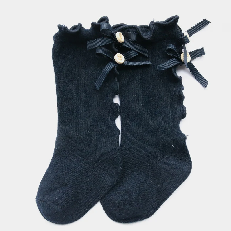 Dark blue Детские носки для девочек; Гольфы с бантом для маленьких девочек; сезон осень-зима; детские дешевые хлопковые носки - Цвет: Dark blue