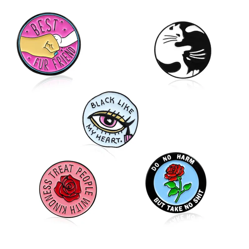 

Cartoon round series badge Double fist best friend Black and white cat Three-dimensional eyes Red rose Enamel brooch