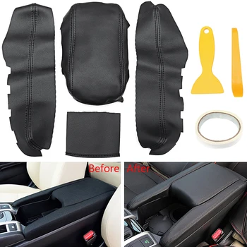 

4pcs Black Top Leather Center Armrest Surface Case Cover for Honda Civi c 2016-2017 Car Armrest Leather Suit Installation Tool