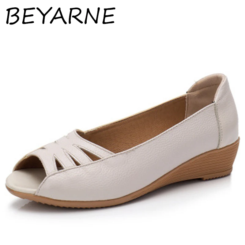 BEYARNESummer Women leather Flat fish head Sandals hollow Fashion Ladies sandals soft bottom comfortable Mother E253 | Обувь