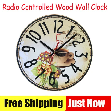 

DCF777 Retro Wooden Wall Clocks Funkuhr Quartz MDF 10'inch Quartz Coffee Design Wall Clocks Automatical Signal in Dining Room