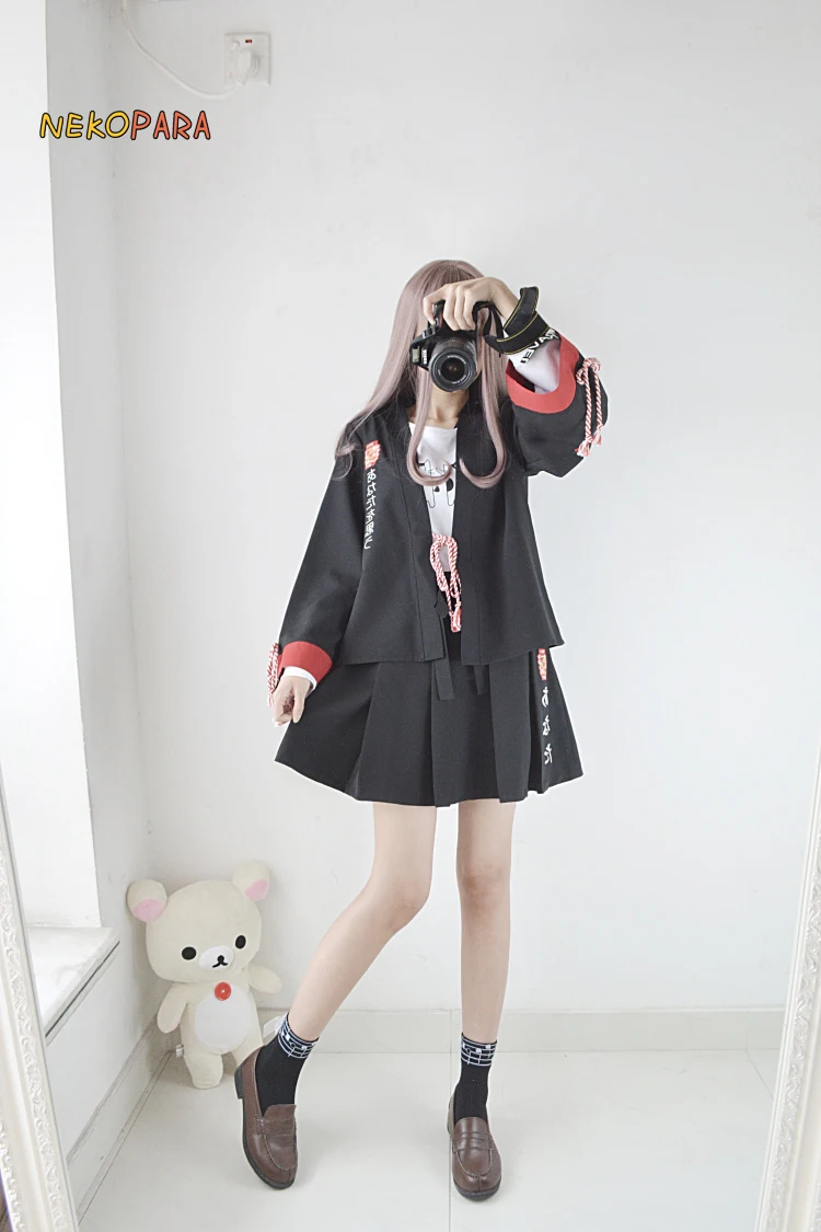 Summer Festivity Japanese Kimono Style 2pcs Women's Set Long Sleeve Trench Shirt& Pleated Skirt Color Black