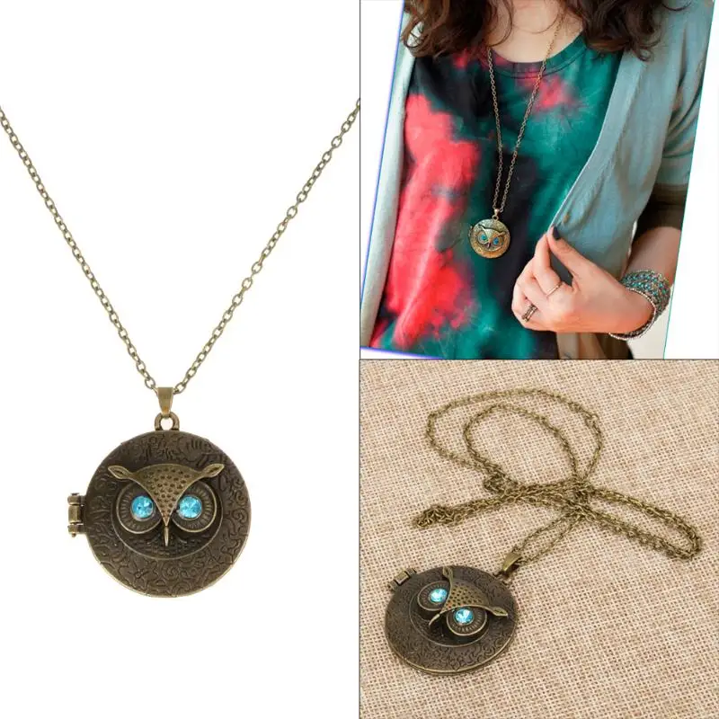 

2018 Chic Antique Bronze Blue Eye Owl Locket Retro Long Necklace Pendant