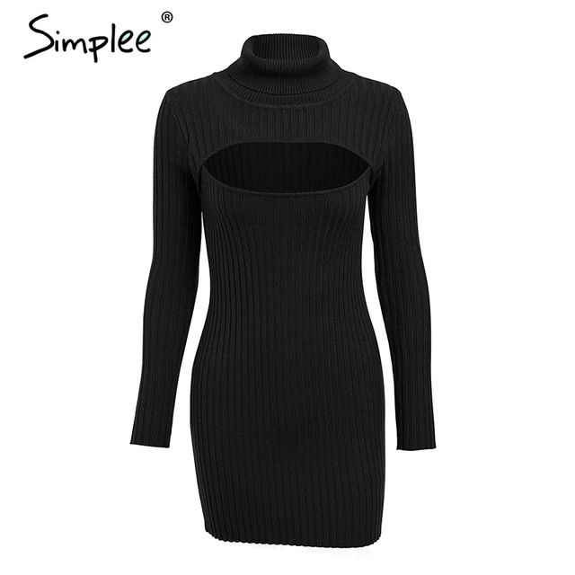 Simplee Turtleneck chest hollow out bodycon sexy dress Slim knitted sweater dress Long sleeve autumn dress winter party vestidos