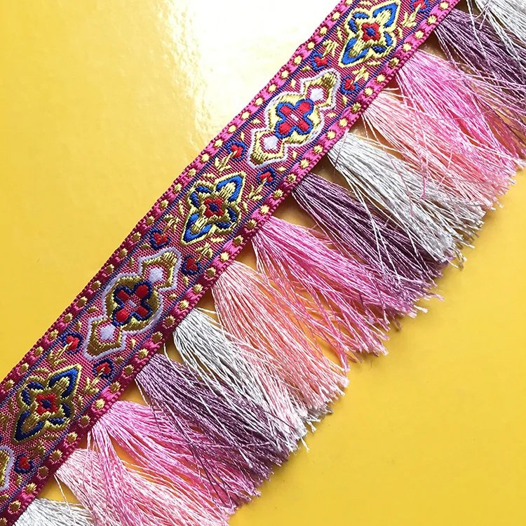2yards embroidery ethnic jacquard webbing woven tape tassel fringe lace