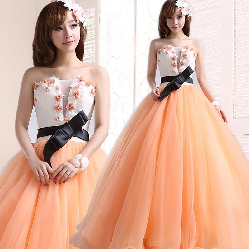

Attractive Floor Length Strapless Sweetheart Neckline Ruffles Flower Ball Gown Princess Orange Quinceanera Dress