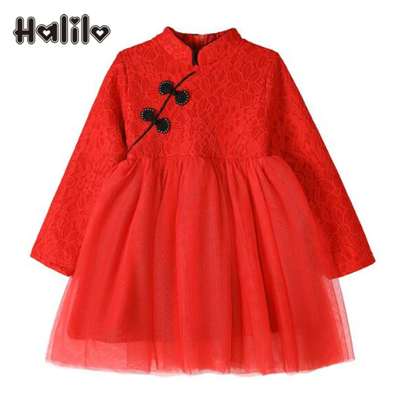 

Halilo Little Girls Dresses Autumn Winter Plus Velvet Toddler Dresses Lace Girls Party Dress Chinese Style Girl Princess Dress