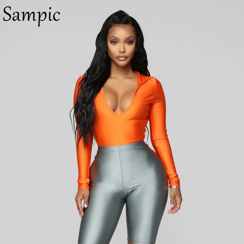 

Sampic sexy woman casual party club hoodie neon bodysuit tops deep u neck skinny long sleeve bodysuit summer 2019