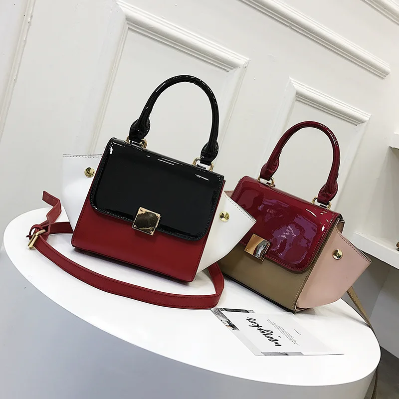 

2018 bright pu bag female handbag panelled color bag wing bag with lock all-match single shoulder bag