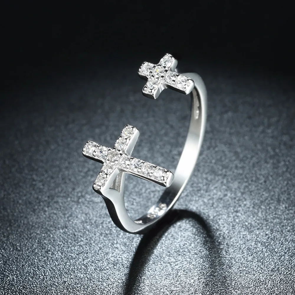 925 Sterling Silver Adjustable Ring Cross Design CZ Fashion Jewelry Party Rings For Women Gift For Christmas(JewelOra RI102655)
