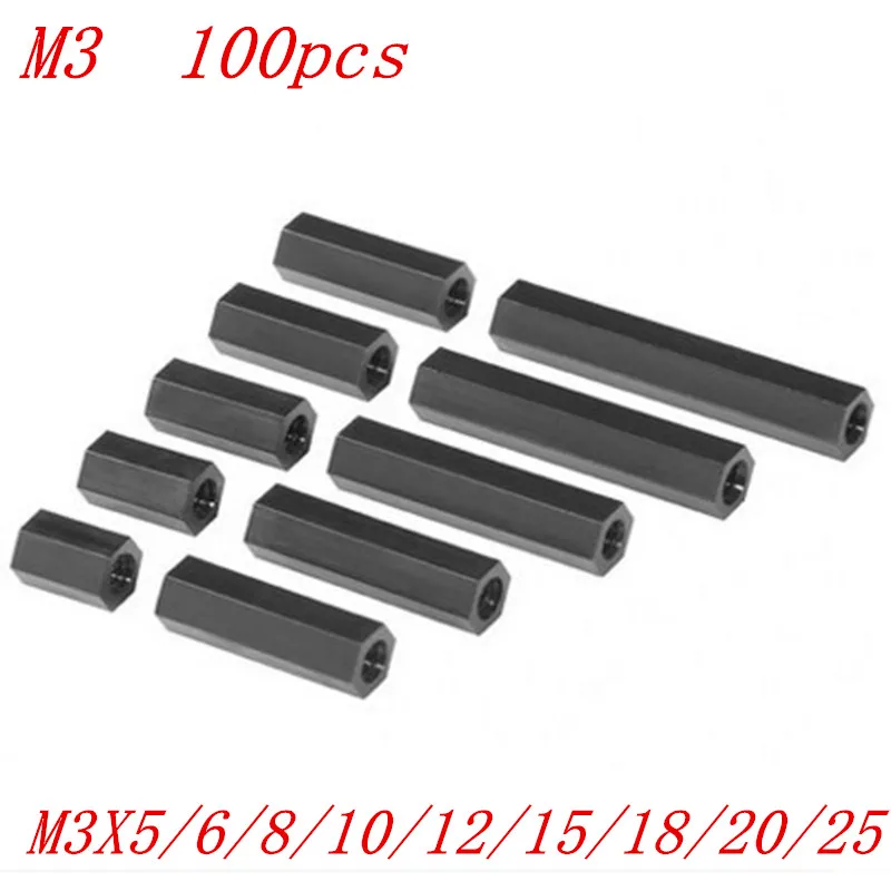 100 шт./лот M3 * 5/6/8/10/12/15/18/20/25 черная нейлоновая Проставка 3 мм разъем Мама мама