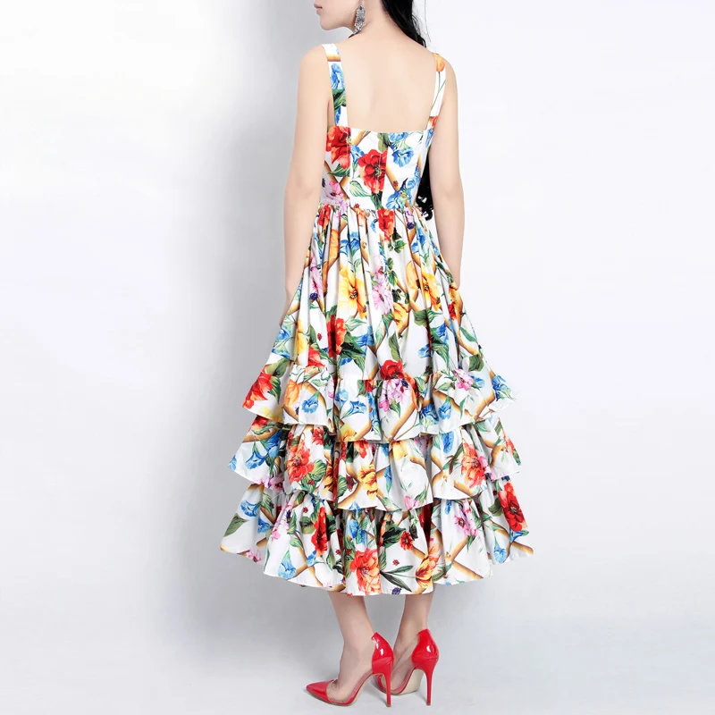 Red RoosaRosee Дизайнерские летние платья для женщин цветочный принт рюшами Спагетти ремень миди платье милые вечерние платья Vestido Femme