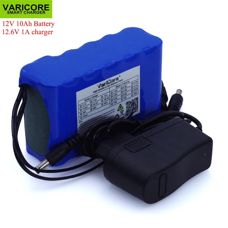 

VariCore 12V 10Ah 18650 li-lon battery pack 10000mAh with BMS Circuit Protection Board DC 5.5*2.1mm+ 12.6V 1A Charger