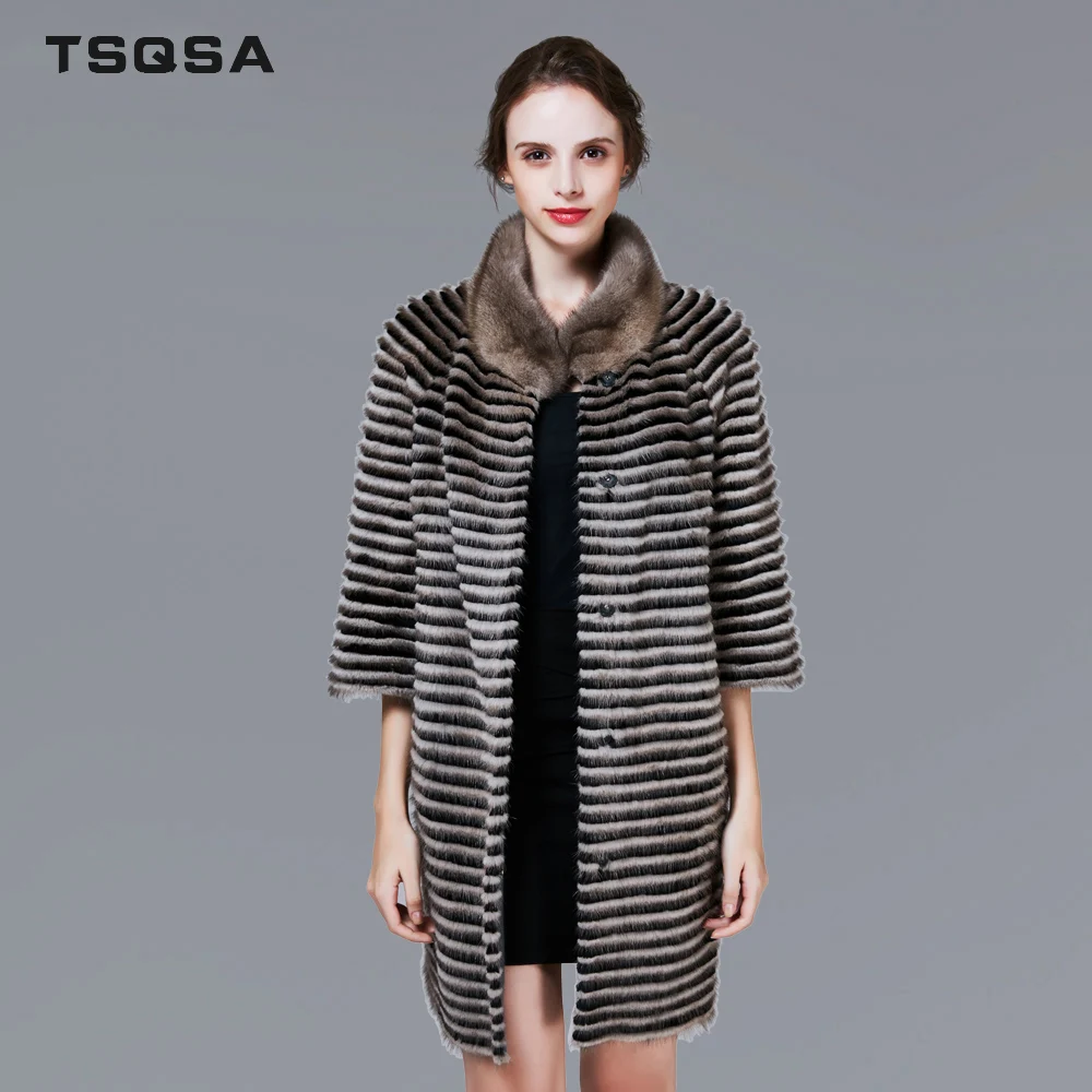 

TSQSA Fashion Lady Clothes Real Mink Fur Coats Mink Skin With Rabbit Fur Female Clothing Women Striped Dress Coat TAC1740