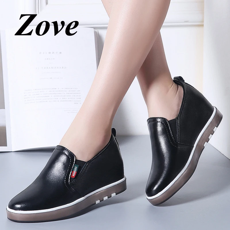 

ZOVE Women Platform Flats Shoes 2019 Spring Casual Leather Slip-on Loafers Ladies High Increase Flat Shoes chaussure femme Shoes