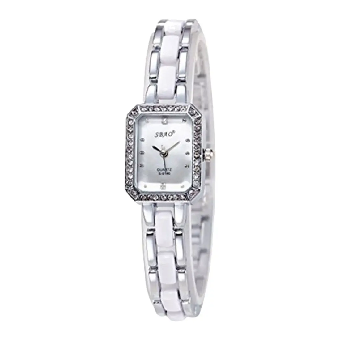 

Womens Diamond Rectangle Shell Retro Quartz Watch Waterproof WristWatch Silver And White Straps