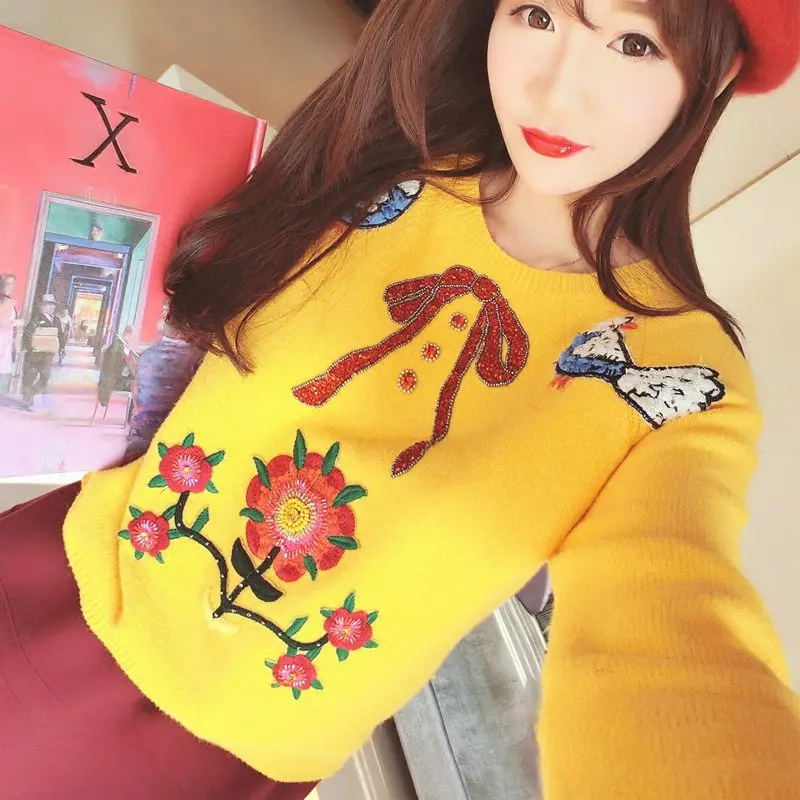 Модный брендовый дизайнерский свитер для подиума, Женский пуловер, винтажный желтый вязаный джемпер с вышитыми цветами и бантом
