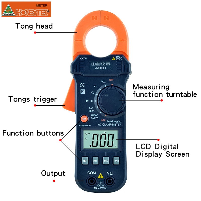 HONEYTEK клещи мультиметр Ампер клещи защита от перегрузки DC/AC 600A вольтметр измеритель тока Сопротивление Емкость Амперметр