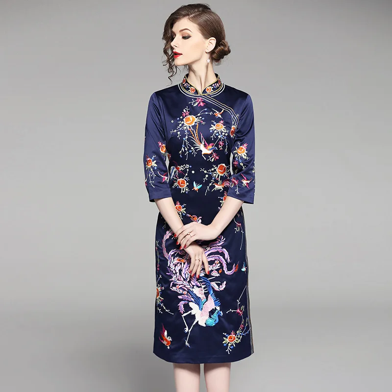 rose marine Mode Printemps 2018 Chaude Cheongsam Femmes Style Col Robes Apperal Chinois Fendu Broderie Robe Bleu Femme Mandarin Or De Mince qFqfUwH
