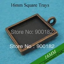 16 мм Античная Медь квадратный кулон лотки, античная Медь квадратными ячейками настройки рамка для Стекло или Наклейки