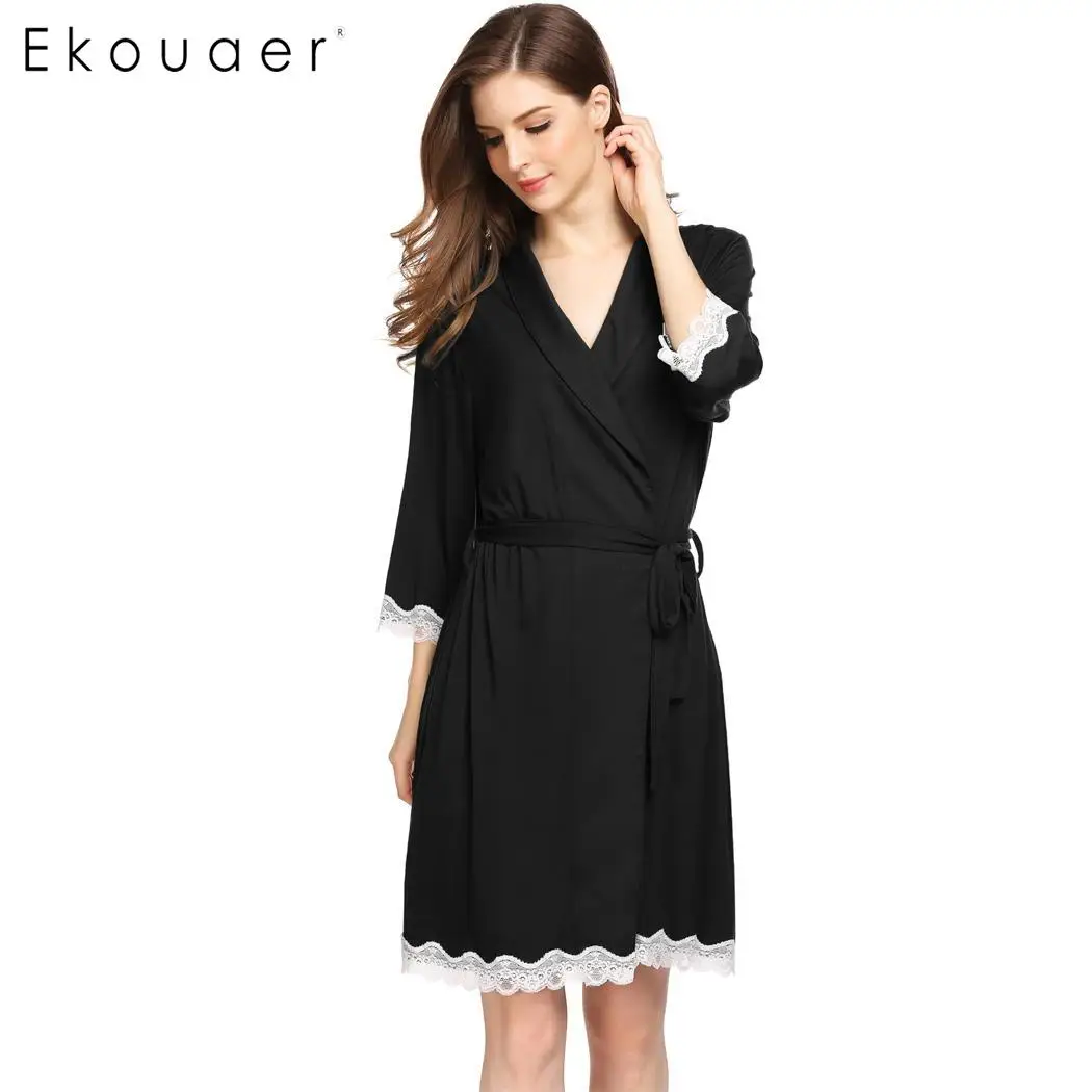 Ekouaer, женский халат, ночное белье с шалью, воротник 3/4, рукав, с поясом, короткий, халат, женский, сексуальный, для ванной, спа, халаты - Цвет: Black