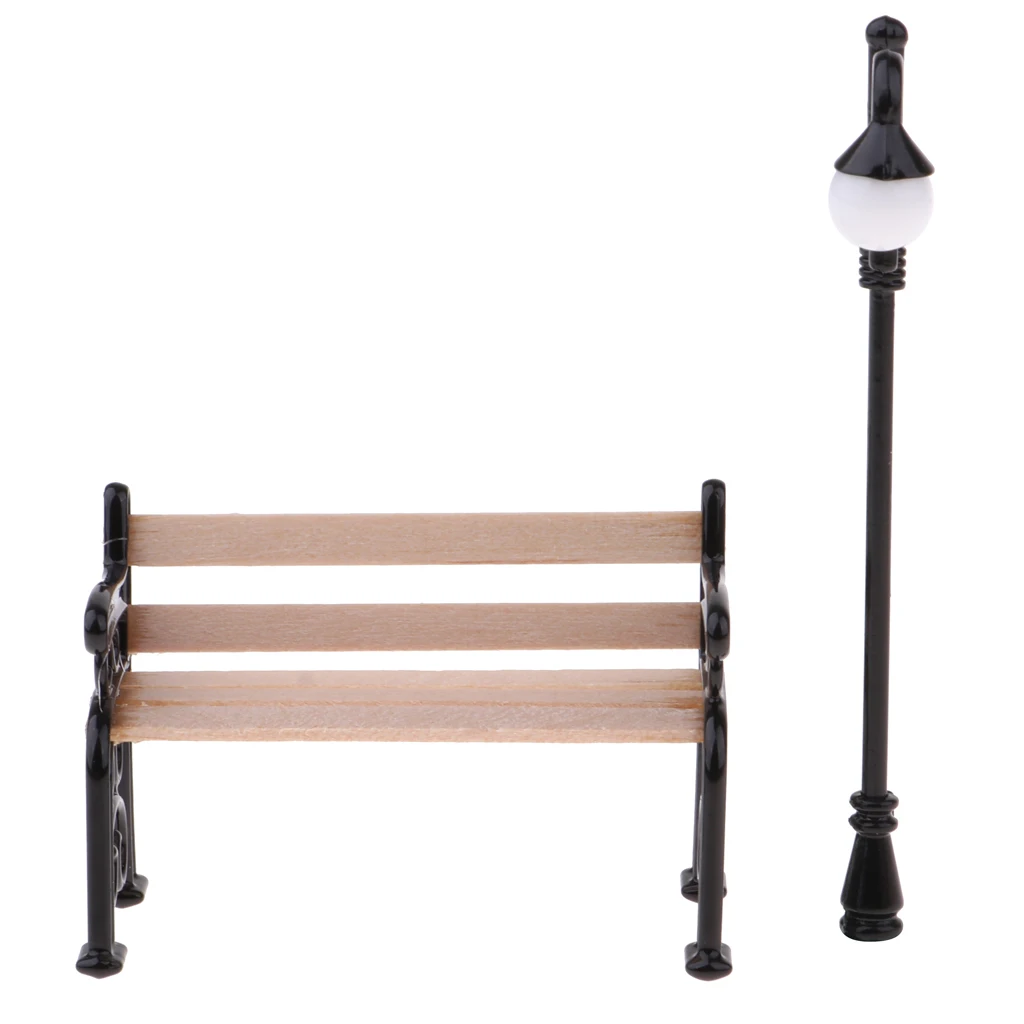 1/12 2 Pieces Dollhouse Furniture Lifelike Dollhouse Garden or Park Mini Wooden Bench & Street Lamp Kids DIY Decoration