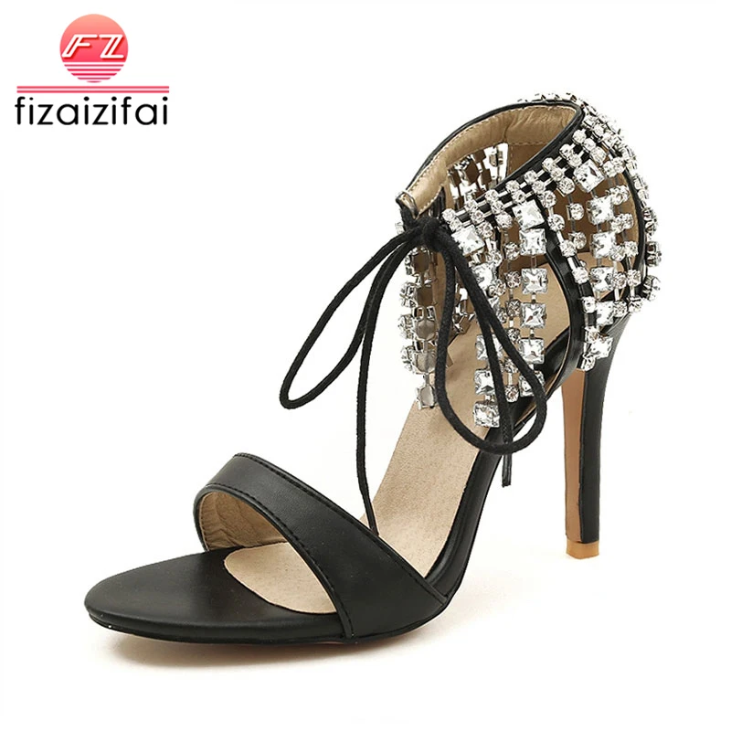 

FizaiZifai Size 32-46 Women High Heel Sandals Lace Up Rhinestones Open Toe Women Sandals Fashion Ornate Shoes Dress Footwear