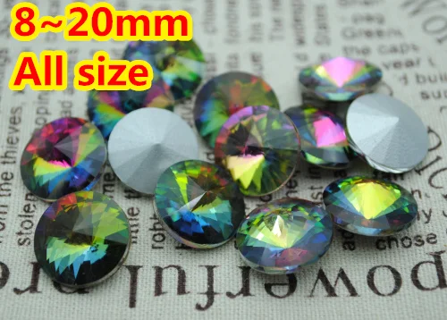 

100pcs/lot Rainbow Color 8mm,10mm,12mm,14mm,16mm,18mm,20mm Chinese Top Quality Round Fancy Stone Rivoli glass beads