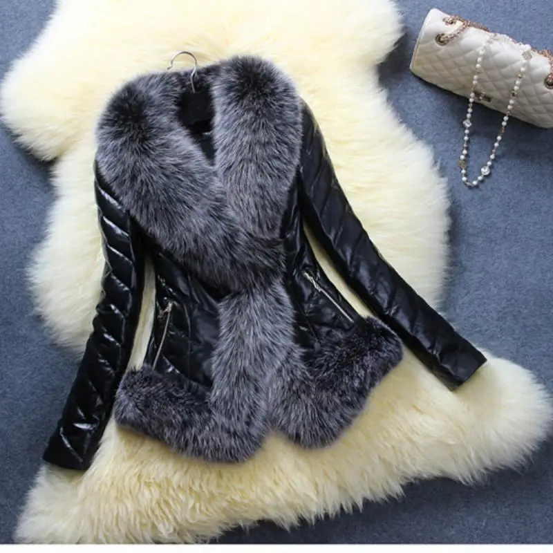 Fashion PU Leather Overcoat Coat Jacket Stitching Faux Imitation Fox Fur Collar Long Sleeve Fashion PU Leather Overcoat Coat Jacket Stitching Faux Imitation Fox Fur Collar Long Sleeve