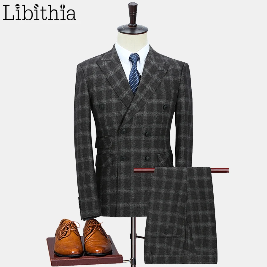 

Men 3 Pieces And 2 Pieces Donble Breasted Suits Casual Plaid Slim Fit Jacket Vest Pant Big Size S-5XL Black Luxury Clothes F109