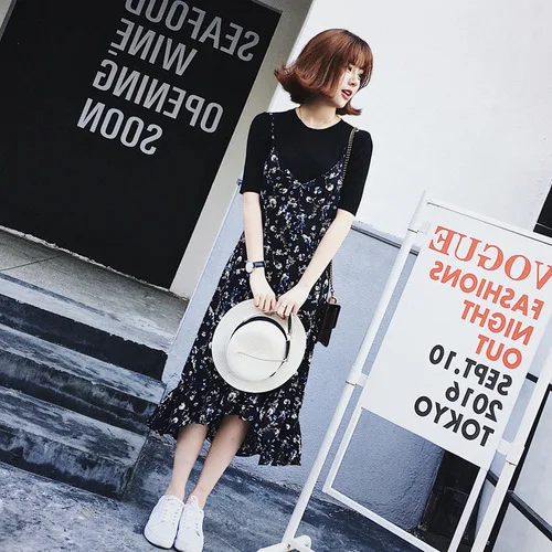 

Korean Style 2 Piece Set Women O-neck Short Sleeves Black Tops Knee-length Sling Print Bib Dresses Casual Women Clothes