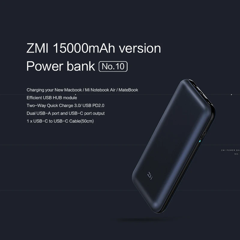 Xiao mi Z mi 15000 мАч USB-C внешний аккумулятор USB PD 2,0 Быстрая зарядка 3,0 с зарядным устройством USB type-C для ноутбука Macbook mi