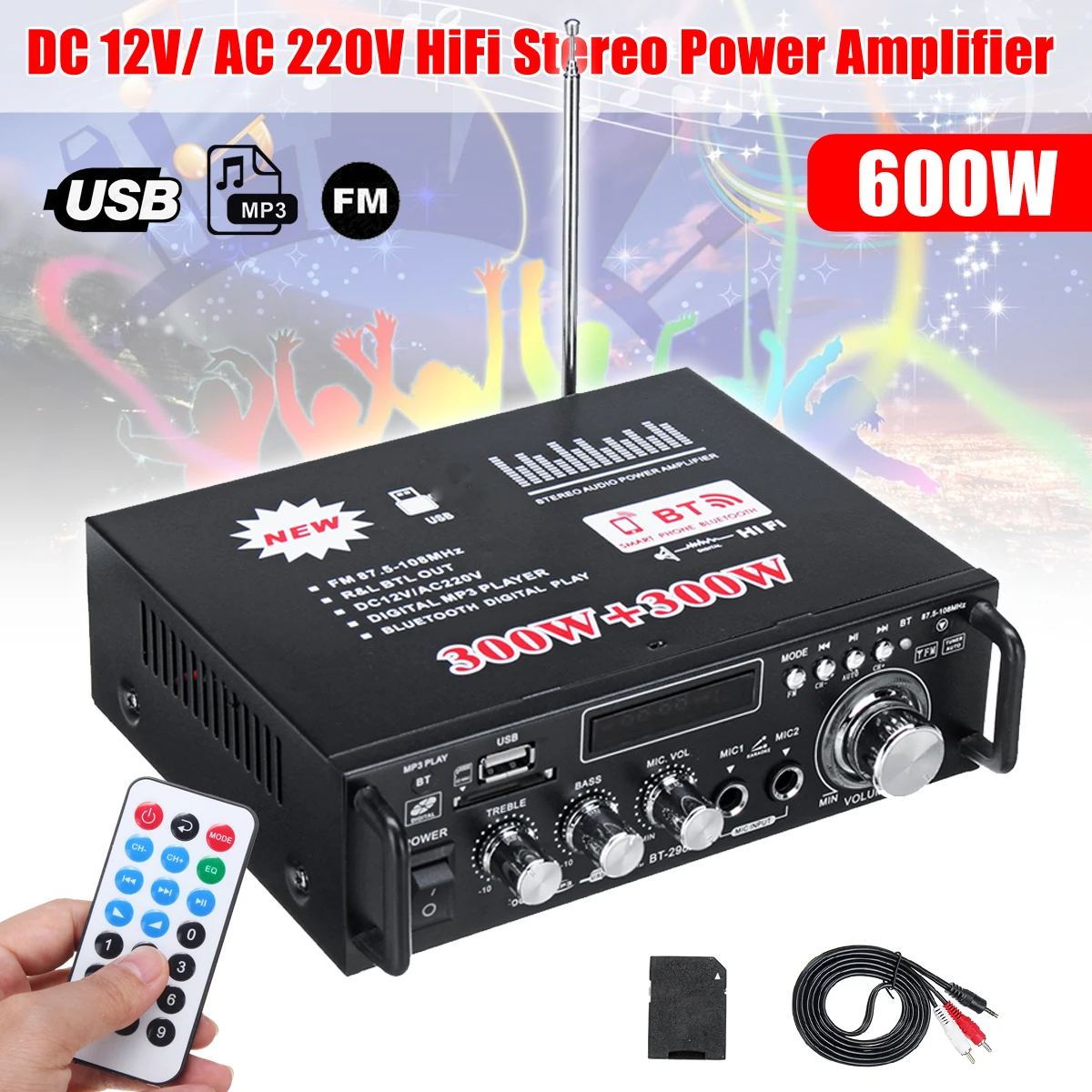 

KROAK 600W 12V 220V Mini USB Car bluetooth HiFi Stereo Audio Power Amplifier Remote Control for Car Auto Home Audio