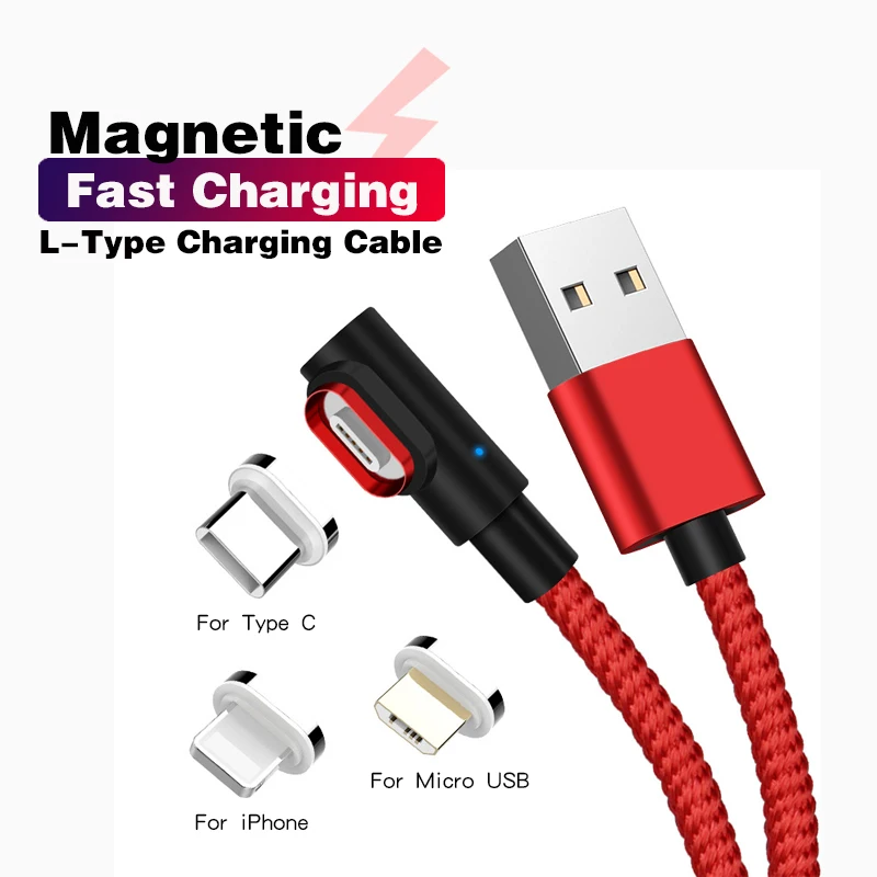 

Magnetic Charging Cable Micro USB C Lighting Charger for IPhone XS X 8 7 6 Samsung S9 Magnet 90 Degree Fast Charging Cable Cord