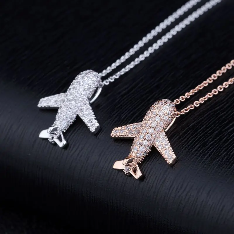 

Fashion Cubic Zirconia CZ Aircraft airplane Plane Pendant Necklace Crystal Link Chain For Women Girl Cute Charm 925 Jewelry Gift