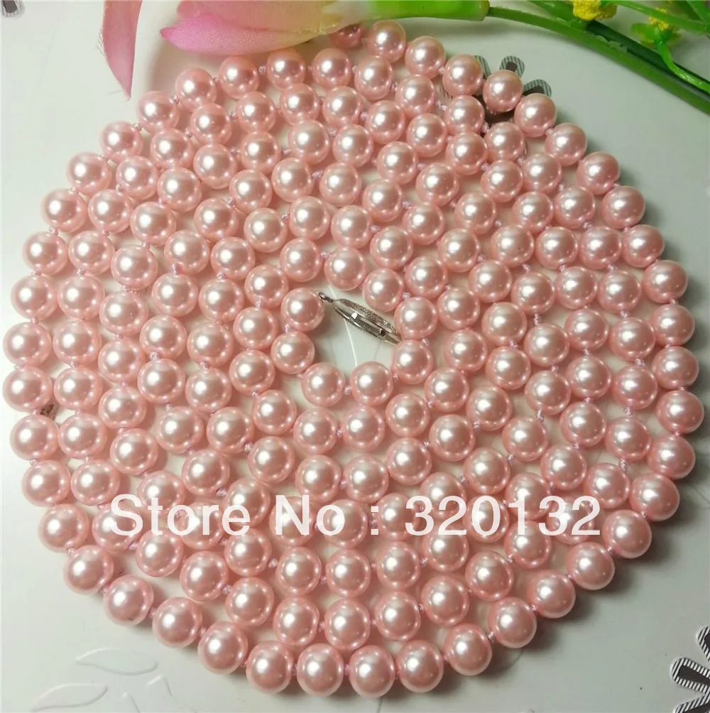

free shipping wholesale Women's Style diy Longest 8mm Pink Ocean Sea Shell Pearl Necklace long 50''
