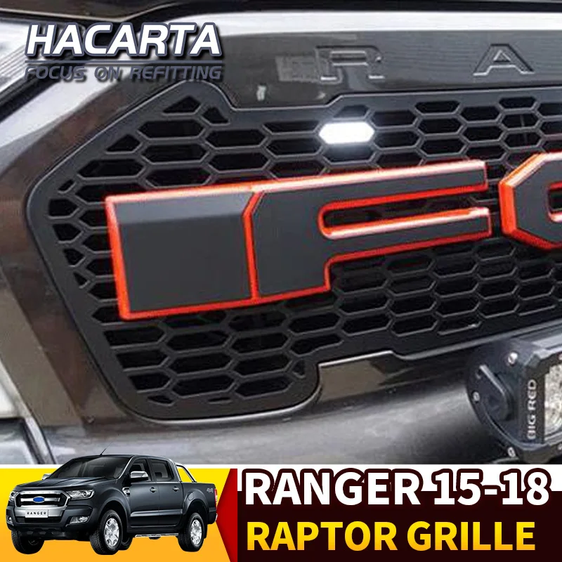 CStern LED Raptor Style Exterior Front Radiator Racing Grill Grille with Black Letters for Ford Ranger T7 2015-2018 ABS Bumper Mesh Mask Trim Cover