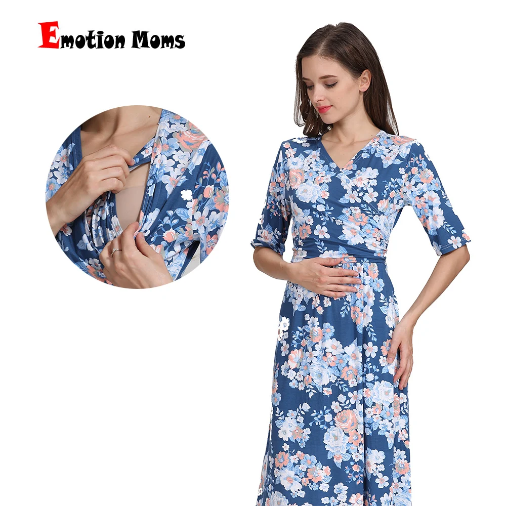 Emotion Moms Maternity Clothing Nursing Dress Party Floral Dress Pregnancy Long Breastfeeding Dresses for Pregnant Women